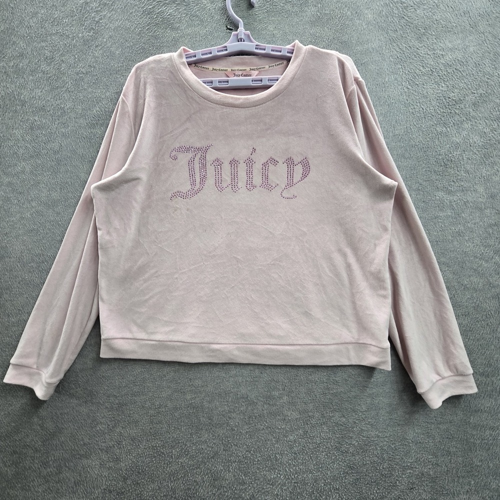 Juicy Couture Women Sleepwear L Pink Sweatshirt Spellout Rhinestones Fleece READ